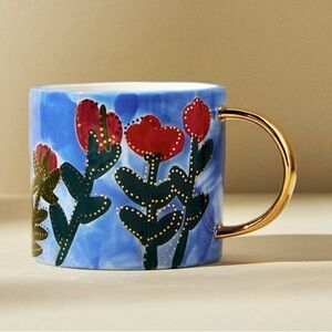 Anthropologie x Francesca Kaye Hand Painted Red, Blue, and Gold Tulip Mug